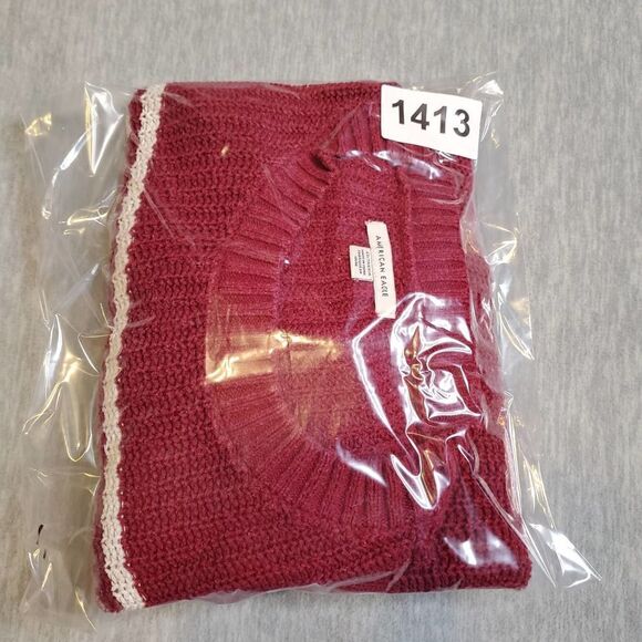 American Eagle Sweater Womens XS Maroon Cropped Striped Chunky Knit Pullover - Picture 7 of 7